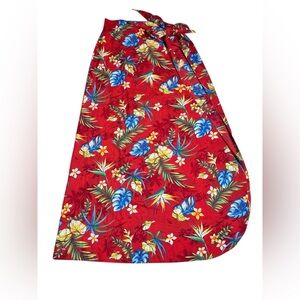 VTG Hilo Hattie Red Hawaiian Wrap Skirt Sarong Tropical Floral Maxi Pareo